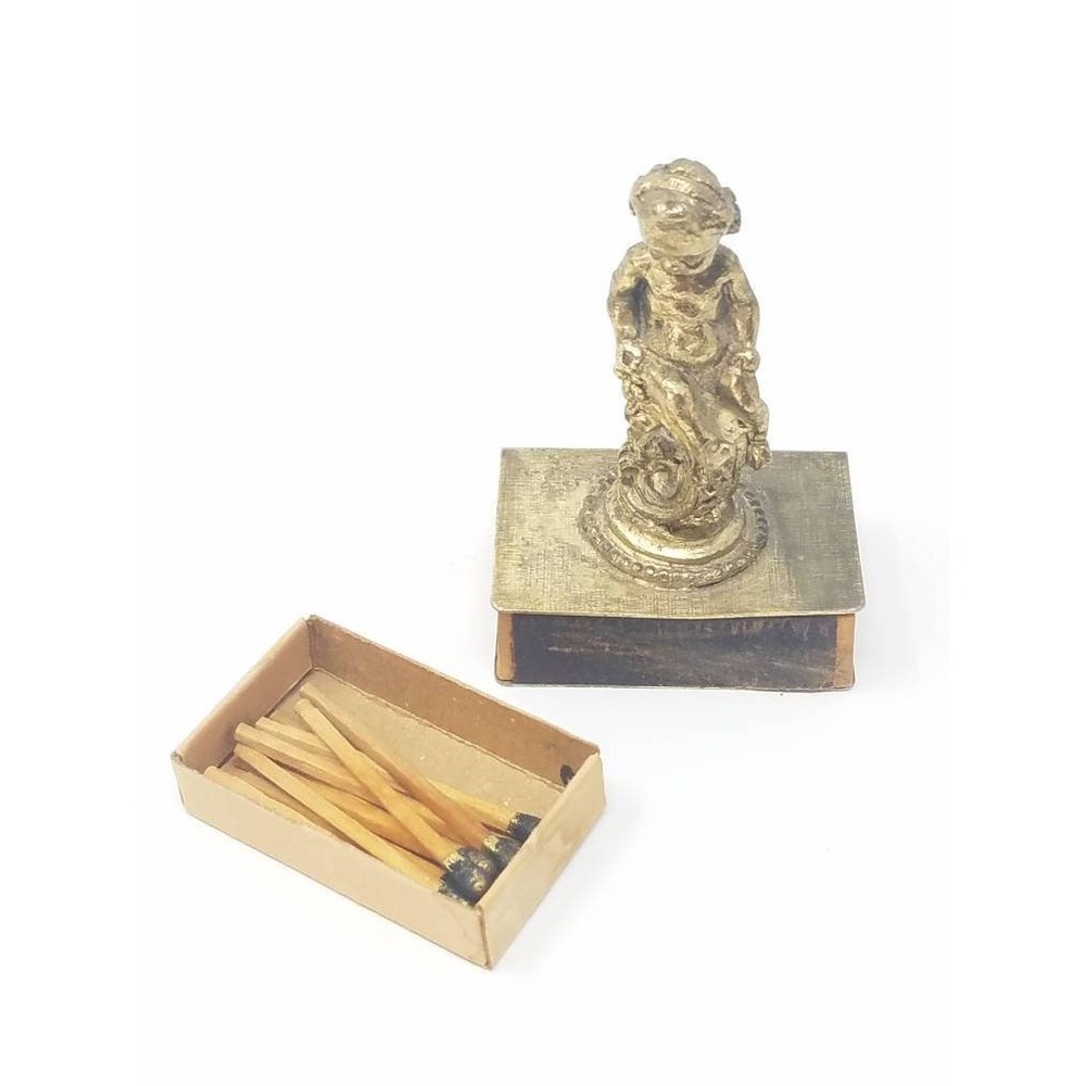 Vintage Brass Cherub Matchbox Holder Figurine Ornate Putti Match Safe Cover - Picture 2 of 6